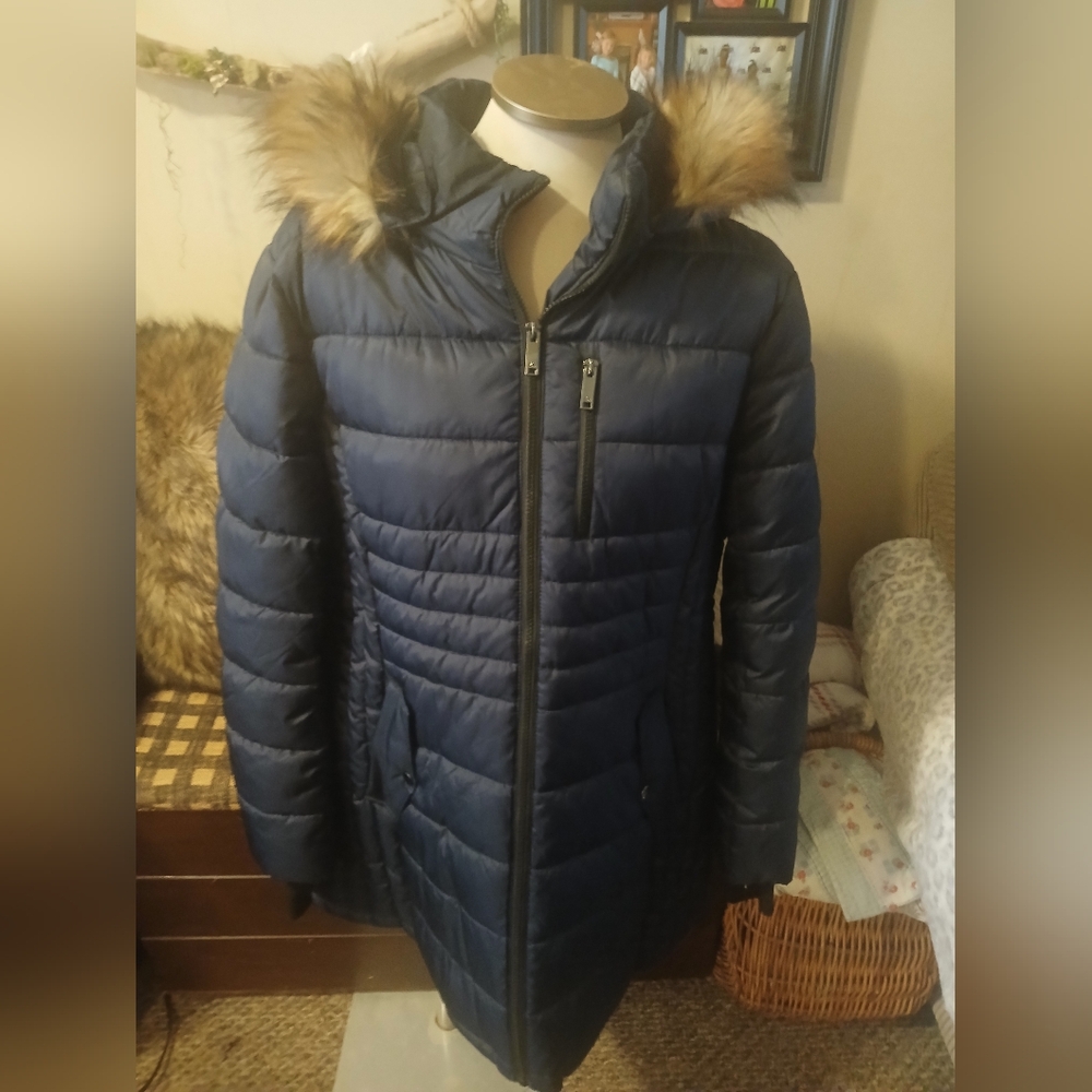 NWOT Womens Navy Blue Puffer Fur Hood Winter Jacket Size XXL Mid Length